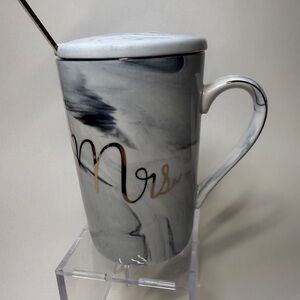 Marble Ceramic “Mrs” Mug w/ Lid & Gold Spoon | Gift Set